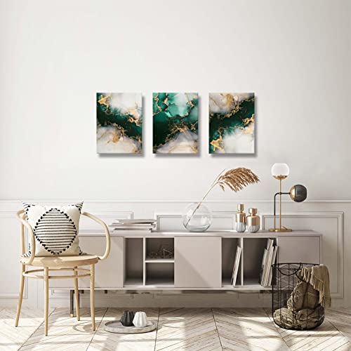 Emerald Green Wall Art,for Dining Room Bedroom Bathroom Living Room Wall Decor, Green and Gold Abstract Canvas Wall Art, Modern Glam Home Office Wall Decoration 16" X 24" X 3 Pieces