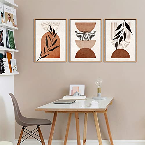 Framed Boho Wall Art Minimalist Botanical Canvas Picture, Retro Mid Century Bohemian Wall Decor Neutral Abstract Canvas Artwork Prints Living Room Bedroom Bathroom Home Office Decor 12" X 16" X 3
