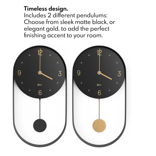 Driini Modern Pendulum Wall Clock - Decorative and Unique Metal Frame, with 8 Inch Face - Contemporary, Minimalist Design, with Silent Battery Operation - Includes Both Black and Gold Pendelum