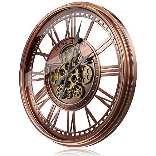 TOKTEKK 28 inch Large Wall Clock with Real Moving Gears, Battery Operated Modern Metal Decorative Wall Clock, Oversize Industrial Steampunk Wall Clock for Living Room Decor（Vintage Red Bronze）