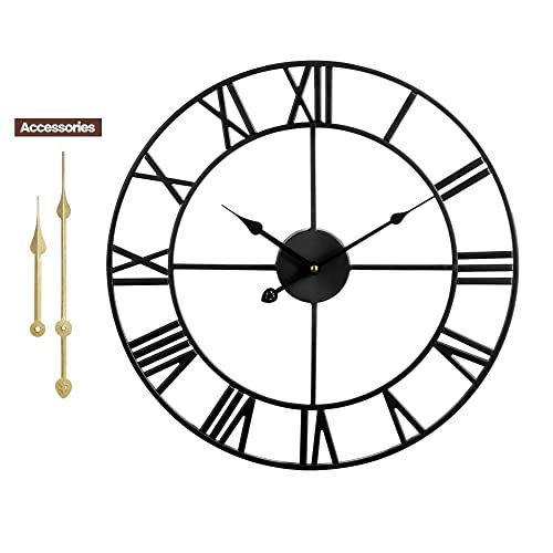 Large Wall Clock Metal Retro Roman Numeral Clock, Modern Round Wall Clocks Almost Silent, Easy to Read for Living Room/Home/Kitchen/Bedroom/Office/School Decor (Black, 16 Inch)