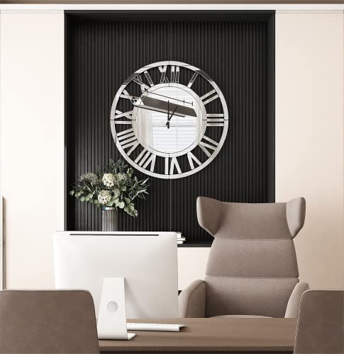 SHYFOY 32" Large Wall Clocks Living Room Decor- Acrylic Mirror Finish, Modern Decorative Kitchen Wall Clocks, Roman Numerals 3D Frameless Silver Wall Decor Big Clock Battery Operated