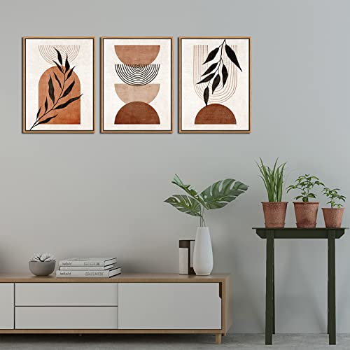 Framed Boho Wall Art Minimalist Botanical Canvas Picture, Retro Mid Century Bohemian Wall Decor Neutral Abstract Canvas Artwork Prints Living Room Bedroom Bathroom Home Office Decor 12" X 16" X 3