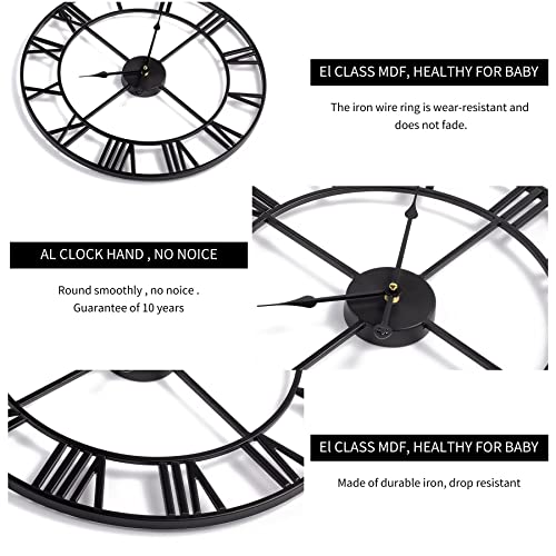 Large Wall Clock Metal Retro Roman Numeral Clock, Modern Round Wall Clocks Almost Silent, Easy to Read for Living Room/Home/Kitchen/Bedroom/Office/School Decor (Black, 16 Inch)