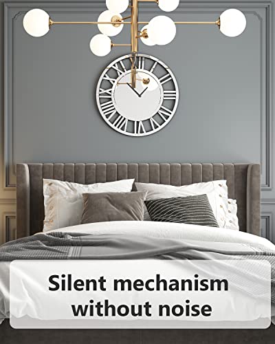 SHYFOY 32" Large Wall Clocks Living Room Decor- Acrylic Mirror Finish, Modern Decorative Kitchen Wall Clocks, Roman Numerals 3D Frameless Silver Wall Decor Big Clock Battery Operated