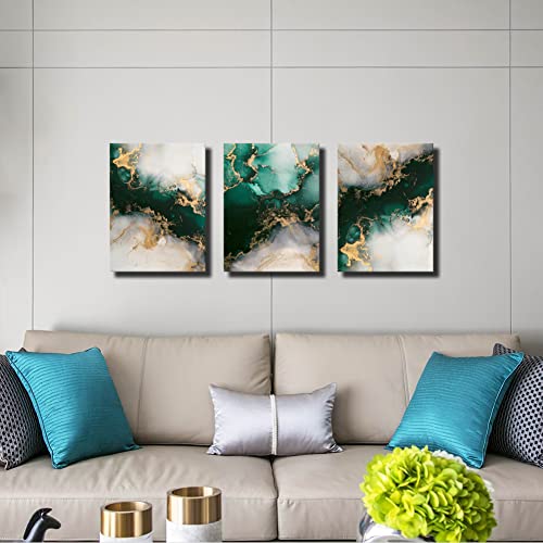 Emerald Green Wall Art,for Dining Room Bedroom Bathroom Living Room Wall Decor, Green and Gold Abstract Canvas Wall Art, Modern Glam Home Office Wall Decoration 16" X 24" X 3 Pieces