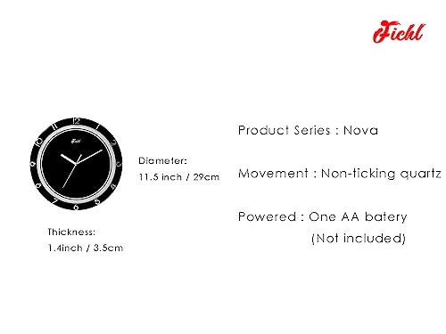 Fichl 11inch Nova Wall Clock Decorative for Kitchen,Home,Bedrooms,Office Modern Style Silent Non-Ticking (Black)