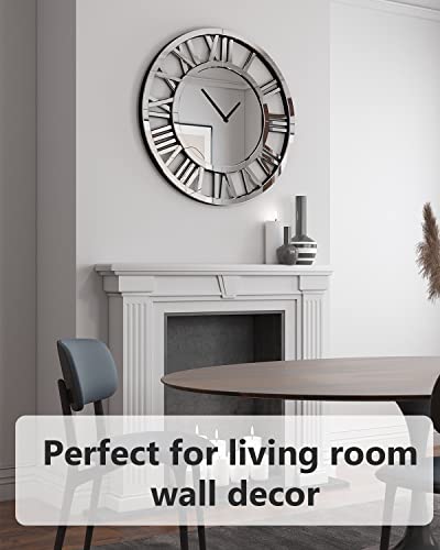 SHYFOY 32" Large Wall Clocks Living Room Decor- Acrylic Mirror Finish, Modern Decorative Kitchen Wall Clocks, Roman Numerals 3D Frameless Silver Wall Decor Big Clock Battery Operated