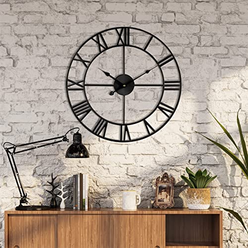 Large Wall Clock Metal Retro Roman Numeral Clock, Modern Round Wall Clocks Almost Silent, Easy to Read for Living Room/Home/Kitchen/Bedroom/Office/School Decor (Black, 16 Inch)