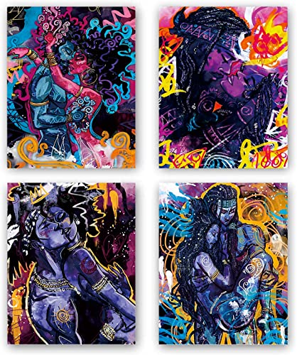 African American Couples Romance Posters,Colorful Funny King and Queen Room Wall Decor,African Fashion Black Couple poster,Abstract Black Queen Poster,Fashion Room Bathroom Bedroom Living Decor Aesthetic Artwork--Set of 4 (8''X 10'', No Frame)