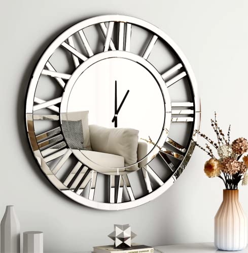 SHYFOY 32" Large Wall Clocks Living Room Decor- Acrylic Mirror Finish, Modern Decorative Kitchen Wall Clocks, Roman Numerals 3D Frameless Silver Wall Decor Big Clock Battery Operated
