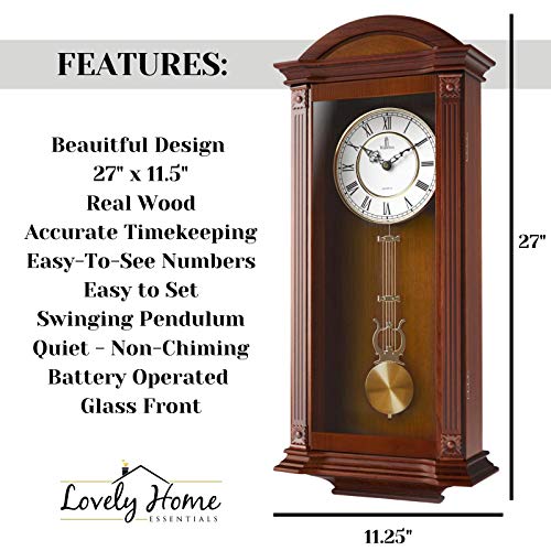 Pendulum Wall Clock Battery Operated - Large Hanging Grandfather Wall Clock with Pendulum - Quiet Wood Pendulum Clock - Wooden Wall Clock for Living Room Decor, Office & Home Décor Gift 27x11