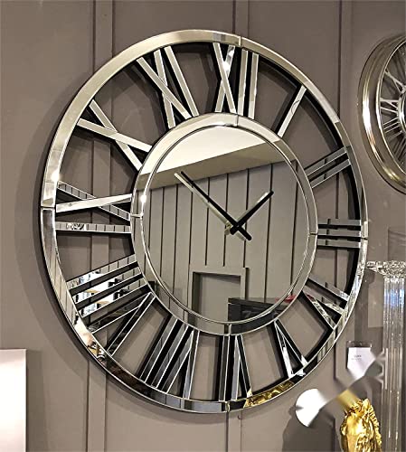 SHYFOY 32" Large Wall Clocks Living Room Decor- Acrylic Mirror Finish, Modern Decorative Kitchen Wall Clocks, Roman Numerals 3D Frameless Silver Wall Decor Big Clock Battery Operated