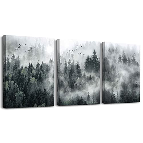Canvas Wall Art For Living Room Modern Wall Decorations For Bedroom Foggy Forest Trees Landscape Wall Paintings Office Wall Decor Canvas Prints Home Decor Ready To Hang Wall Pictures 12"X16"X3 Panel