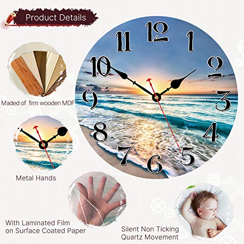 VIKMARI Kitchen Wall Clock - Home Decorative Wall Clock,14 Inch Silent Non-Ticking Quartz Battery Operated Clock, Easy to Read Round Arabic Numerals Ocean Wave Pattern Wooden Wall Clocks