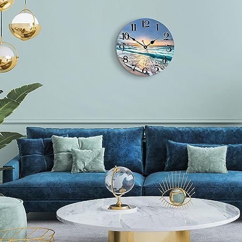 VIKMARI Kitchen Wall Clock - Home Decorative Wall Clock,14 Inch Silent Non-Ticking Quartz Battery Operated Clock, Easy to Read Round Arabic Numerals Ocean Wave Pattern Wooden Wall Clocks