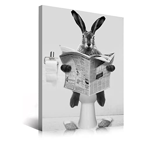 HKDGOKA Cute Rabbit Bathroom Wall Art - Farmhouse Style Animals Bathroom Wall Decor Black and White Canvas Wall Art Ready To Hang for Living Room,Kids Bathroom,Bedroom,Bathroom Decor 11x15inch