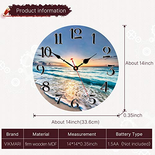 VIKMARI Kitchen Wall Clock - Home Decorative Wall Clock,14 Inch Silent Non-Ticking Quartz Battery Operated Clock, Easy to Read Round Arabic Numerals Ocean Wave Pattern Wooden Wall Clocks
