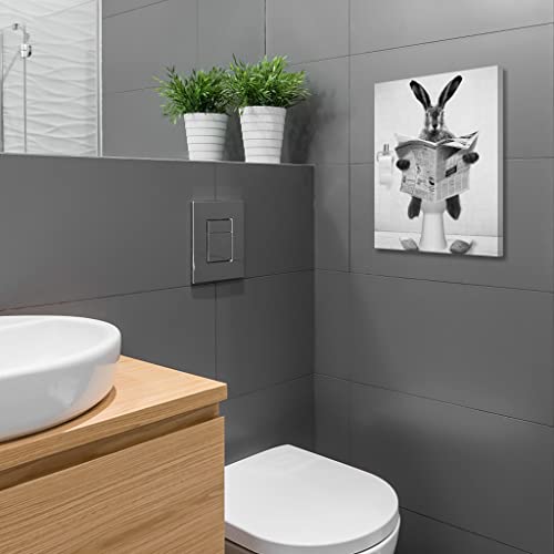 HKDGOKA Cute Rabbit Bathroom Wall Art - Farmhouse Style Animals Bathroom Wall Decor Black and White Canvas Wall Art Ready To Hang for Living Room,Kids Bathroom,Bedroom,Bathroom Decor 11x15inch