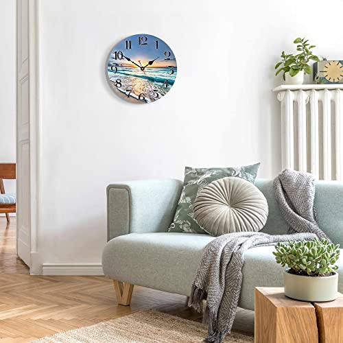VIKMARI Kitchen Wall Clock - Home Decorative Wall Clock,14 Inch Silent Non-Ticking Quartz Battery Operated Clock, Easy to Read Round Arabic Numerals Ocean Wave Pattern Wooden Wall Clocks