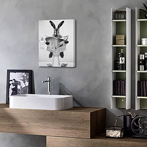 HKDGOKA Cute Rabbit Bathroom Wall Art - Farmhouse Style Animals Bathroom Wall Decor Black and White Canvas Wall Art Ready To Hang for Living Room,Kids Bathroom,Bedroom,Bathroom Decor 11x15inch