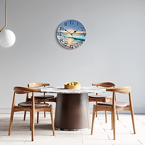 VIKMARI Kitchen Wall Clock - Home Decorative Wall Clock,14 Inch Silent Non-Ticking Quartz Battery Operated Clock, Easy to Read Round Arabic Numerals Ocean Wave Pattern Wooden Wall Clocks