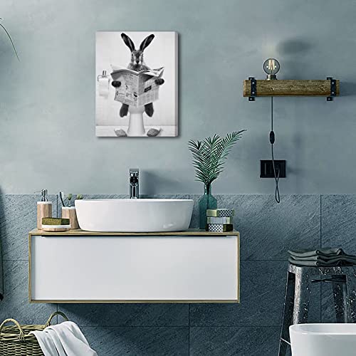 HKDGOKA Cute Rabbit Bathroom Wall Art - Farmhouse Style Animals Bathroom Wall Decor Black and White Canvas Wall Art Ready To Hang for Living Room,Kids Bathroom,Bedroom,Bathroom Decor 11x15inch