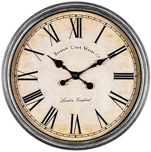 Bernhard Products Large Decorative Wall Clock 20 Inch Silent Non Ticking Battery Operated Quartz Vintage Stylish with Rustic Silver Rim for Home Living Room Dining Room Kitchen & Over Fireplace