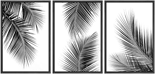 SIGNWIN 3 Piece Framed Canvas Wall Art Black and White Tropical Leaves Canvas Painting Home Artwork Decoration for Living Room,Bedroom - 24"x36"x3 Black