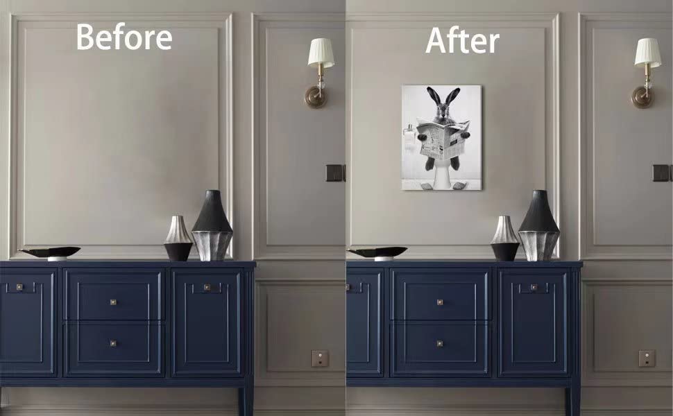 HKDGOKA Cute Rabbit Bathroom Wall Art - Farmhouse Style Animals Bathroom Wall Decor Black and White Canvas Wall Art Ready To Hang for Living Room,Kids Bathroom,Bedroom,Bathroom Decor 11x15inch