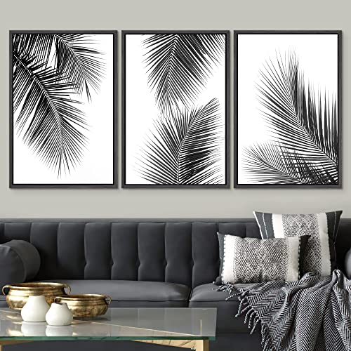 SIGNWIN 3 Piece Framed Canvas Wall Art Black and White Tropical Leaves Canvas Painting Home Artwork Decoration for Living Room,Bedroom - 24"x36"x3 Black