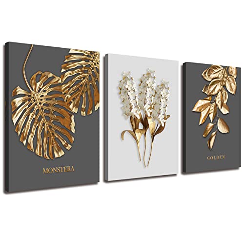 Gray and Gold boho Abstract Wall Art 3 Pieces Modern Stretched and Framed White Flower Gold Leaf Canvas Paintings for Living Room Home Office and Bedroom Bathroom Wall Decor Canvas Size: 12"x16"x3