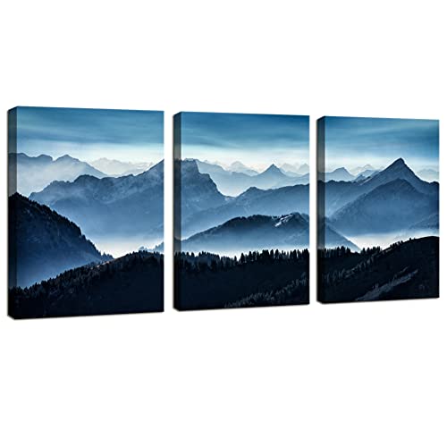 Mountain Wall Art for Bedroom, Blue Abstract Mountain Canvas Picture Prints Artwork,for Living Room Office Dining Room Modern Home Decor Framed Ready to Hang,12" X 16" X 3 Pieces