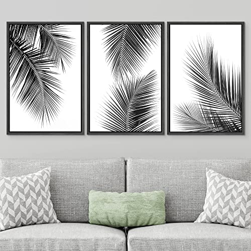 SIGNWIN 3 Piece Framed Canvas Wall Art Black and White Tropical Leaves Canvas Painting Home Artwork Decoration for Living Room,Bedroom - 24"x36"x3 Black
