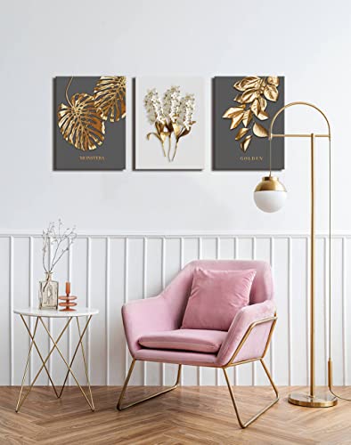 Gray and Gold boho Abstract Wall Art 3 Pieces Modern Stretched and Framed White Flower Gold Leaf Canvas Paintings for Living Room Home Office and Bedroom Bathroom Wall Decor Canvas Size: 12"x16"x3