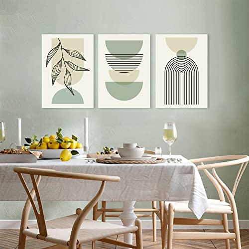 Sage Green Boho Wall Art Set of 3, Minimalist Framed Wall Art Geometric Line Leaf Beige Green Canvas Artwork Paintings, Abstract Botanical Boho Room Decor, Sage Green Wall Posters & Prints for Living Room, Bedroom, Bathroom, Office, 12"x16"