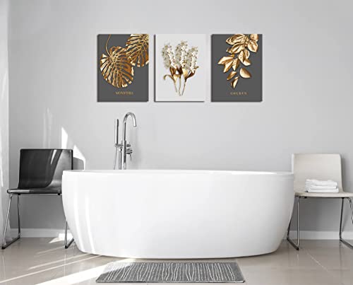 Gray and Gold boho Abstract Wall Art 3 Pieces Modern Stretched and Framed White Flower Gold Leaf Canvas Paintings for Living Room Home Office and Bedroom Bathroom Wall Decor Canvas Size: 12"x16"x3