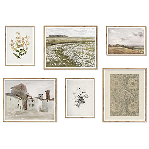 Vintage Botanical Wall Art -Neutral Wall Art prints for wall decor for Rustic Farmhouse Kitchen, Bathroom, Bedroom Poster Print Wall Decor - Preppy Room Decor Aesthetic Vintage, Nature, Tree Sketch Set of 6 landscape wall art.