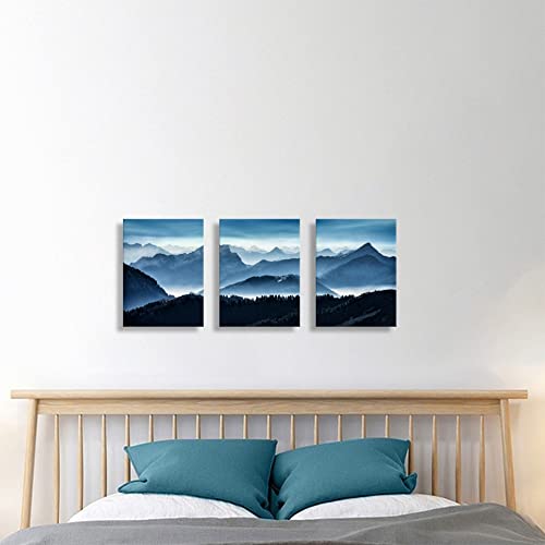 Mountain Wall Art for Bedroom, Blue Abstract Mountain Canvas Picture Prints Artwork,for Living Room Office Dining Room Modern Home Decor Framed Ready to Hang,12" X 16" X 3 Pieces