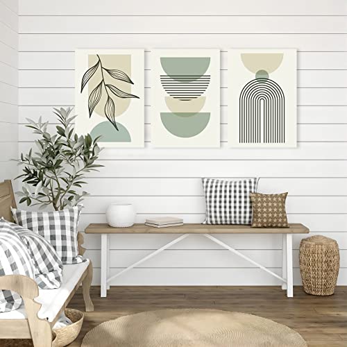 Sage Green Boho Wall Art Set of 3, Minimalist Framed Wall Art Geometric Line Leaf Beige Green Canvas Artwork Paintings, Abstract Botanical Boho Room Decor, Sage Green Wall Posters & Prints for Living Room, Bedroom, Bathroom, Office, 12"x16"