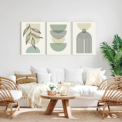Sage Green Boho Wall Art Set of 3, Minimalist Framed Wall Art Geometric Line Leaf Beige Green Canvas Artwork Paintings, Abstract Botanical Boho Room Decor, Sage Green Wall Posters & Prints for Living Room, Bedroom, Bathroom, Office, 12"x16"