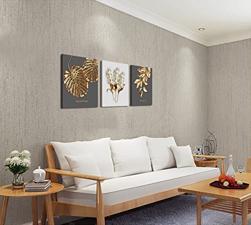 Gray and Gold boho Abstract Wall Art 3 Pieces Modern Stretched and Framed White Flower Gold Leaf Canvas Paintings for Living Room Home Office and Bedroom Bathroom Wall Decor Canvas Size: 12"x16"x3