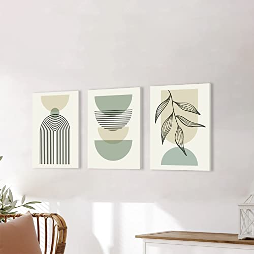 Sage Green Boho Wall Art Set of 3, Minimalist Framed Wall Art Geometric Line Leaf Beige Green Canvas Artwork Paintings, Abstract Botanical Boho Room Decor, Sage Green Wall Posters & Prints for Living Room, Bedroom, Bathroom, Office, 12"x16"