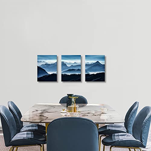 Mountain Wall Art for Bedroom, Blue Abstract Mountain Canvas Picture Prints Artwork,for Living Room Office Dining Room Modern Home Decor Framed Ready to Hang,12" X 16" X 3 Pieces