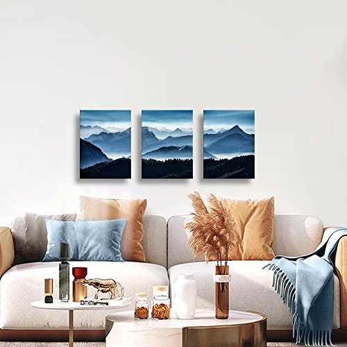 Mountain Wall Art for Bedroom, Blue Abstract Mountain Canvas Picture Prints Artwork,for Living Room Office Dining Room Modern Home Decor Framed Ready to Hang,12" X 16" X 3 Pieces