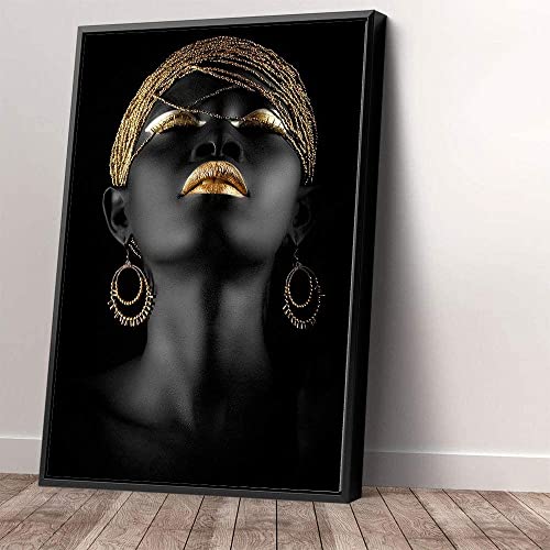 African Art Black and Gold Modern Woman Canvas Art Wall Art Home Decor - Various Sizes (40in x 60in Modern Black Framed)