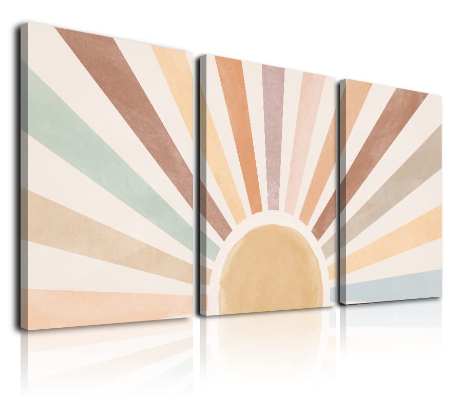 Boho Sun Wall Art Set of 3, Framed Canvas Wall Art Rainbow Sun Rising on the Horizon Geometric Nature Illustrations Line Art Wall, Mid-Century Modern Prints Boho Wall Decor for Living Room, Bedroom, Bathroom, Office, 12"x16" Watercolor
