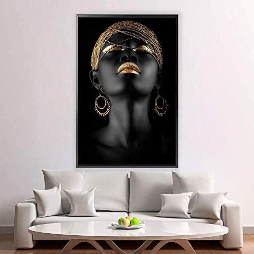 African Art Black and Gold Modern Woman Canvas Art Wall Art Home Decor - Various Sizes (40in x 60in Modern Black Framed)