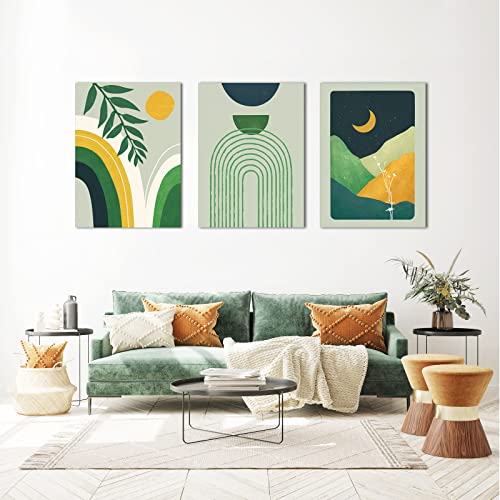 Framed Boho Wall Art Set of 3 Mid Century Modern Decor Minimalist Sage Green Botanical Boho Bathroom Decor Wall Art Canvas Prints Ready To Hang for Bedroom Living Room 12 x 16inch