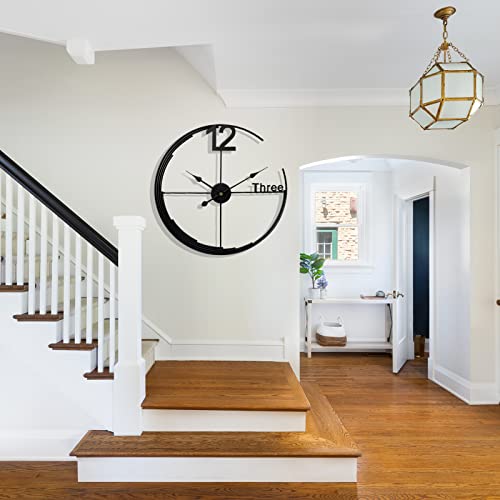 Large Wall Clock, Metal Retro Minimalist Modern Clock, Round Silent Non-Ticking Battery Operated Wall Clocks for Living Room / Home /Kitchen /Bedroom /Office/School Decor (Black, 24 Inch)